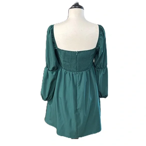 EXLURA Square Neck Long Puff Sleeve Smocked A-Line Mini Dress Green M Babydoll - Picture 2 of 6
